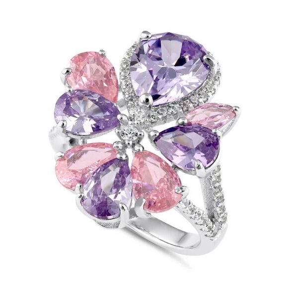Sterling Silver Pink and Lavender CZ Cluster Ring New - Picture 1 of 4